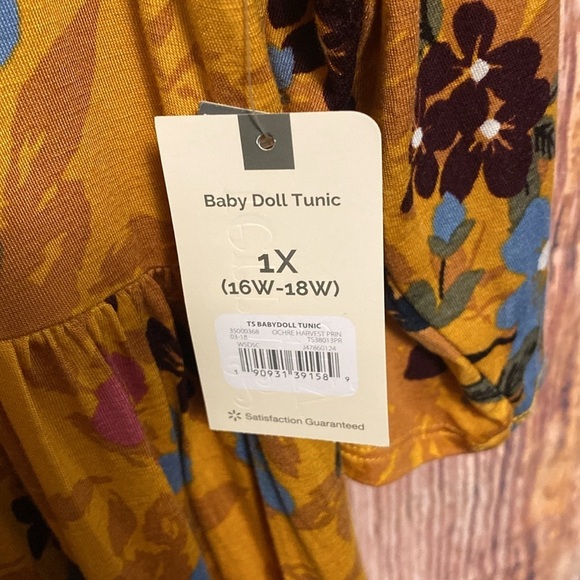 Women Terra & Sky 1X 16Wx18W Gold Floral Pullover Blouse with Elastic Waist NWT - Picture 5 of 10